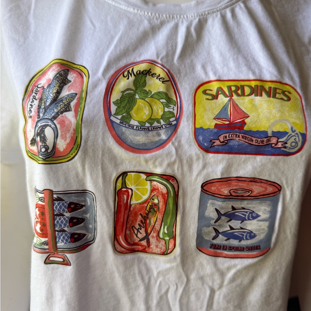 J. Crew Collector Tee White Graphic Tee with Colorful Sardine Can Prints - Picture 6 of 7